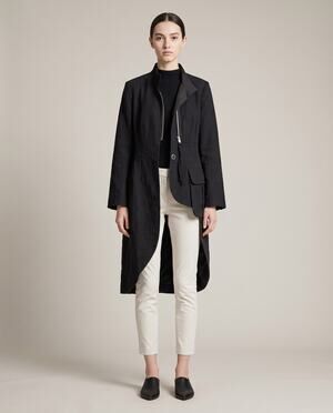 NY 77 Asymmetrical Black Longline Jacket Coat Crinkle Zip Front Womens 12
